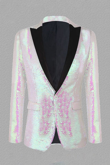 Paillettes blanches scintillantes Peak Lapel Blazer de bal pour hommes
